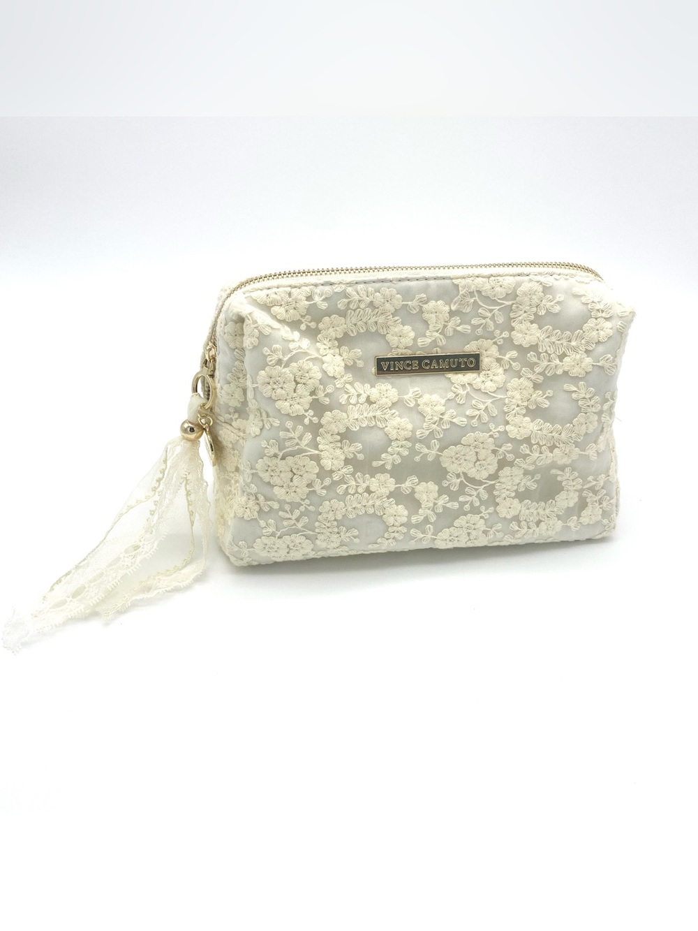 Vince Camuto Ivory Lace Makeup Bag Cosmetic Pouch Zipper Clutch Travel Case